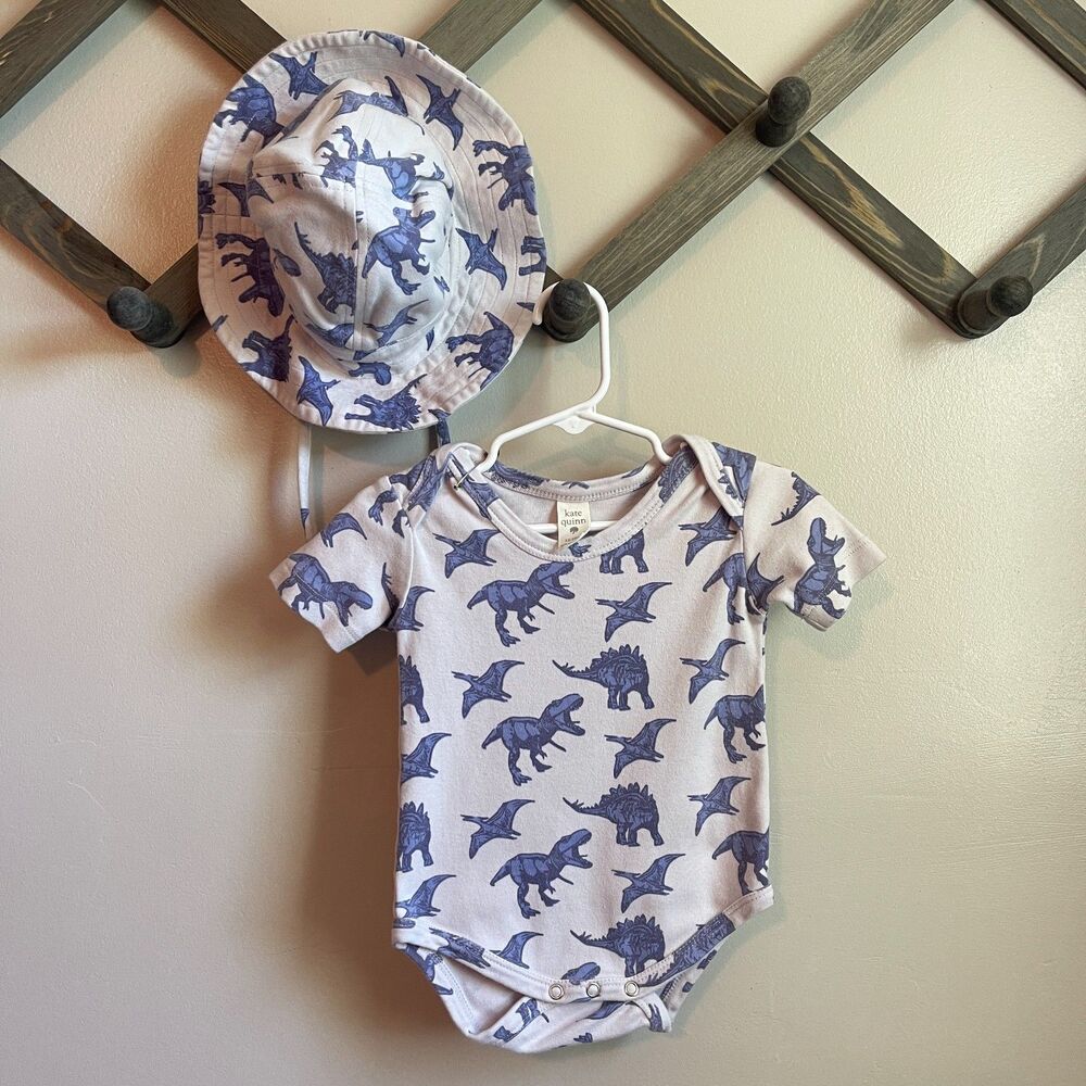 Kate Quinn Purple Dinosaur 2 pc | Bodysuit + Sun Hat | Organic Cotton | 12-18m